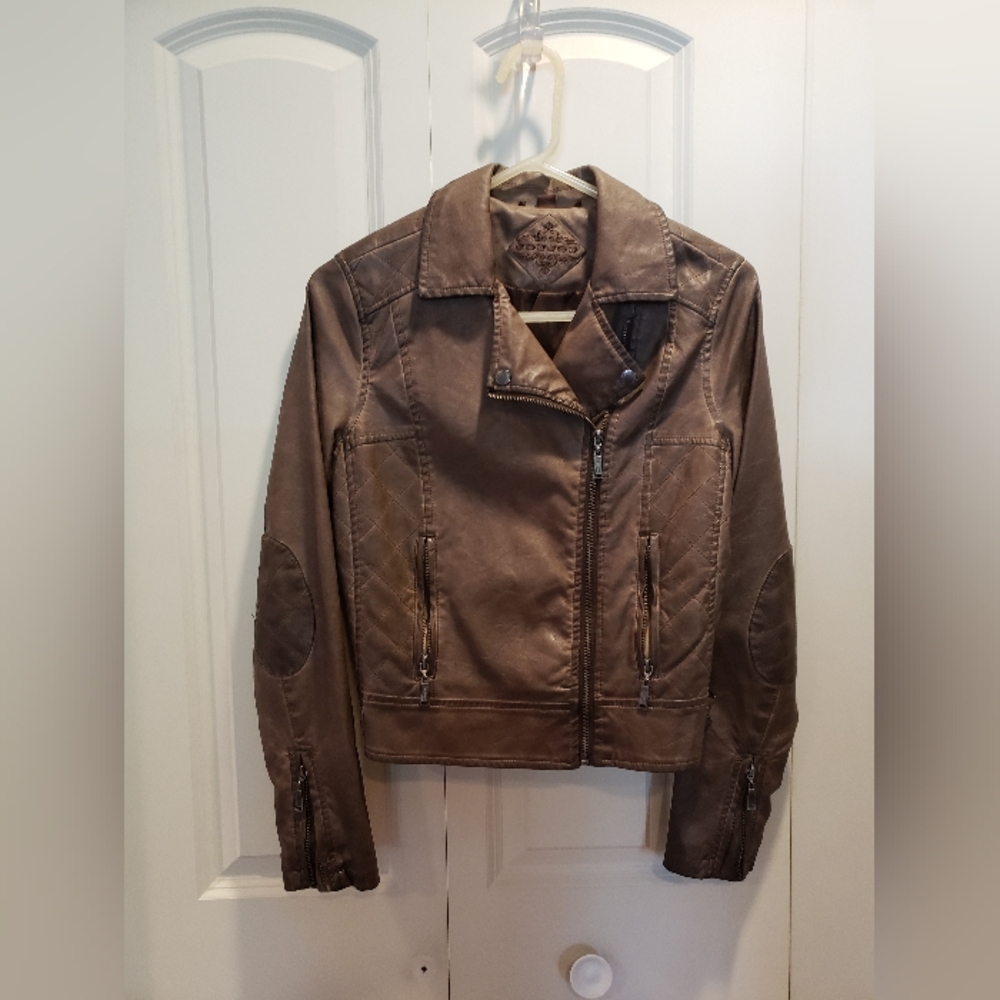 JouJou Biker Faux Leather Zipper Pocket Solid Tan Cropped Jacket Size S